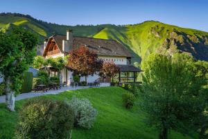 ein Haus inmitten eines grünen Berges in der Unterkunft Logis Hôtel Etchemaïté in Larrau