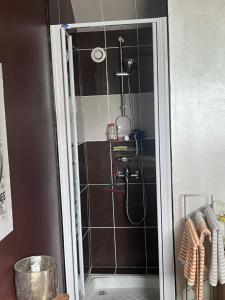 a shower in a bathroom with brown tile at close du verger in Treillières +2 photos