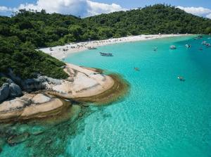 an aerial view of a beach with people in the water at Apê Cheio de Estilo - Campeche - SDI002 in Florianópolis