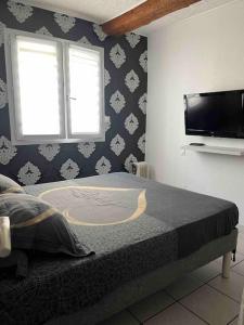 una camera da letto con un letto e una TV a schermo piatto di Appartement cosy a Saint-Laurent-de-la-Salanque