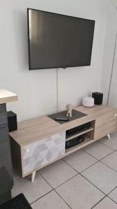 una TV a schermo piatto in cima a un centro di intrattenimento in legno di Appartement cosy a Saint-Laurent-de-la-Salanque