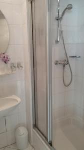 ein Badezimmer mit Dusche mit Glastür in der Unterkunft Hotel Dorotheenhof in Cottbus