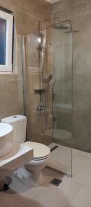 a bathroom with a toilet and a glass shower at My corfu house in Agios Stefanos +10 photos