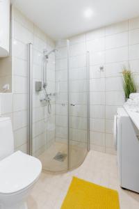 a bathroom with a shower with a toilet and a sink at Sweet Home apartment in Haapsalu +18 photos