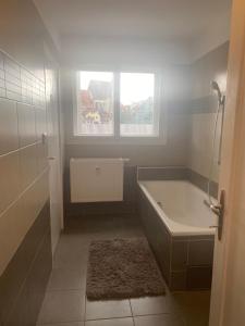 a bathroom with a bath tub and a window at Apartmán v centru Krumlova in Český Krumlov +37 photos