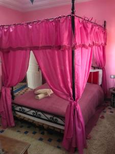a pink bedroom with a canopy bed with pink curtains at H&ocirc;tel Riad Gnaoua in Essaouira