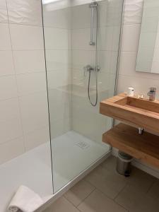 un bagno con doccia in vetro e lavandino di Hôtel Pyrène a Foix