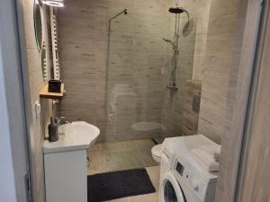 a bathroom with a shower and a sink and a washing machine at Apartamenty Gąsiorowskich 4 in Poznań +26 photos