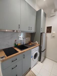 a kitchen with a sink and a washing machine at Dina's Apartment in Vonitsa +14 photos