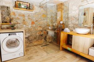 a bathroom with a washing machine and a shower at GOZDNE VILE va VRTI in Kostel