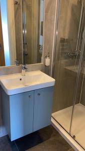 a bathroom with a white sink and a shower at Marldon Olympia Hotel in London +87 photos