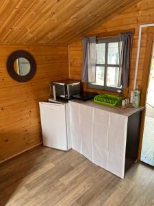a kitchen with a counter with a refrigerator and a window at Ranczo u Korby in Stegna
