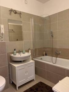 a bathroom with a sink and a toilet and a shower at Marcipán Apartman in Balatonlelle