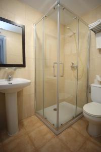 uma casa de banho com um chuveiro, um lavatório e um WC. em Hostal Santa Barbara em Soria