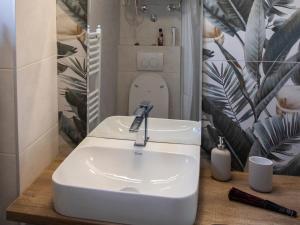 Un baño con un lavabo con un inodoro en el espejo. en Apartment Ivon, en Belgrado