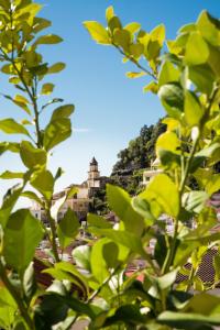 a view of a city from behind some trees at Amalfi Luxury House in Amalfi