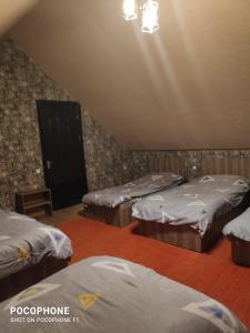una stanza con tre letti e una porta nera di Green Hostel a Gorists'ikhe