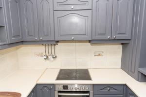 a kitchen with gray cabinets and a stove top oven at Beautiful village house in Metóchion +14 photos