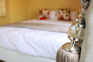 a close up of a bed with a curtain and a whisk at Little Oasis Self Catering Cottage in Harare
