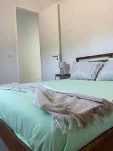 a bedroom with a bed with green sheets and pillows at Monte da Lua in Montargil