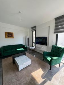 a living room with green couches and a tv at Günlük Kiralık Villa in Karavas