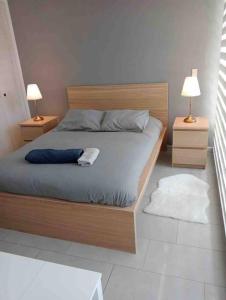 Un dormitorio con una cama con dos mesitas de noche y dos lámparas. en Curitiba Studio Sector Av Alemania, en Temuco