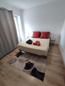 una camera da letto con un letto con cuscini rossi e un tappeto di Appartement Rubrouck 1 chambre a Rubrouck