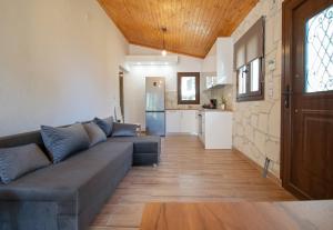 ein Wohnzimmer mit Couch und Küche in der Unterkunft Ikarion Village Home by RentalsPro- Fourka Halkidiki in Fourka