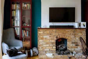 un gatto seduto su una sedia in un soggiorno con camino di Comfy 1-Bed Flat Near Hospital & Station a Londra