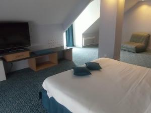 um quarto de hotel com uma cama e uma televisão de ecrã plano em Hôtel Restaurant Le Rive Gauche em Joigny