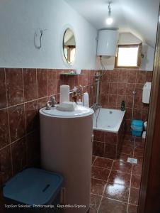 a bathroom with a sink and a tub and a mirror at Topsan Prenociste Rooms in Sokolac +58 photos