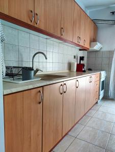 a kitchen with wooden cabinets and a sink at Harmony Guest House in Pefkohori