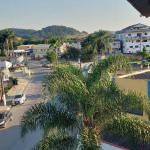 a city with a palm tree and a street with cars at Pousada Serra Azul in Juquiá
