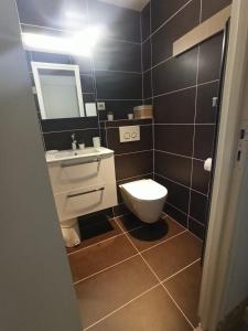 a bathroom with a toilet and a sink and a mirror at Le Cocon des Carroz, au centre de la station et proximité des pistes, apt 4 pers in Arâches-la-Frasse +20 photos