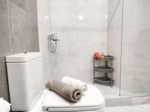 a white bathroom with a shower and a toilet at Classy Louvis House in Akti Salonikiou