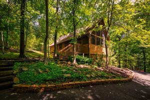 a log cabin in the woods with a driveway at Miss BeeHaven in Sevierville