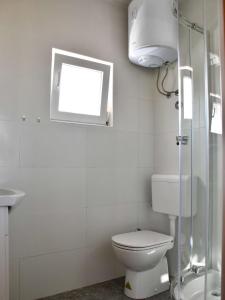 a bathroom with a toilet and a shower and a window at Seaside holiday house Cove Krlic, Pag - 23435 in Novalja