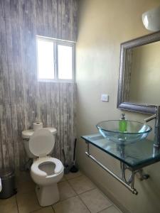 a bathroom with a toilet and a glass sink at Casa a 5 min., del Consulado americano in Ciudad Juárez +26 photos