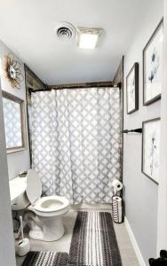 ein Badezimmer mit Toilette und Dusche in der Unterkunft Blue Door House in Lakeland + 11 Fotos