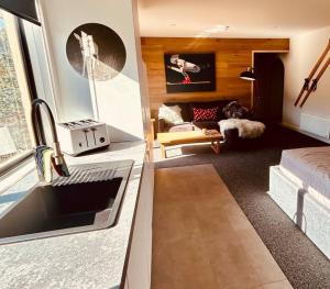 a living room with a sink and a couch at First Tracks Studio in Thredbo