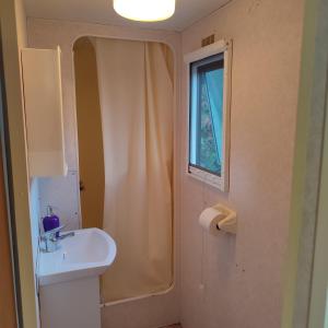 a bathroom with a sink and a toilet and a window at Rákos-patak Mobile Home garden & free parking in Budapest