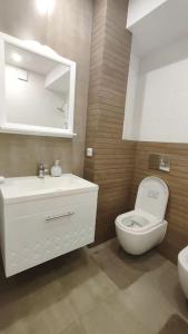 a bathroom with a white toilet and a sink at Apartament de lux, 2 dormitoare! in Chişinău +12 photos