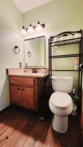 a bathroom with a toilet and a sink and a mirror at Entire Home in Golf Community - 5 Furnished Bedrooms in Fort Wayne +24 photos