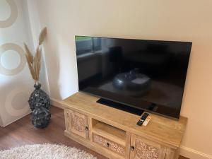 a flat screen tv sitting on a wooden entertainment center at Dream Place in Iserlohn in Iserlohn