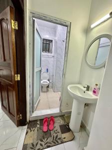 a bathroom with a sink and a toilet and a mirror at Pinkys Cozy Home in Mombasa