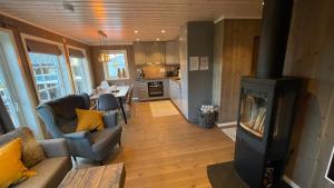 a living room with a fireplace in a tiny house at Sanderstølen Hytte in Tisleidalen
