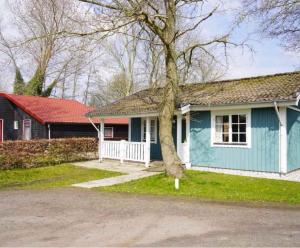 a blue house with a tree in the yard at Naomi in Steendam