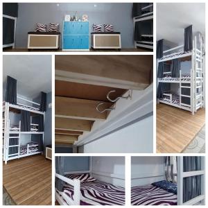 a collage of four pictures of a room with stairs at ELTARI Pine House in Kidal +68 photos