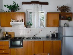 Una cocina con gabinetes de madera, un fregadero y un refrigerador. en casa mouliana, en Éxo Moulianá 21 fotos más
