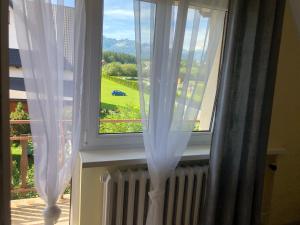 a window with a view of a green field at Apartament Joanna in Poronin
